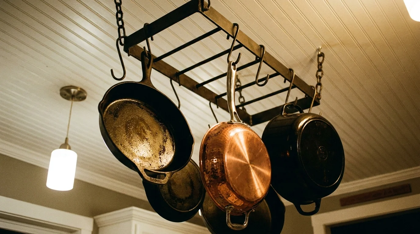 A low-angle view of cast iron and copper pans hanging from a sturdy black metal ceiling rack.