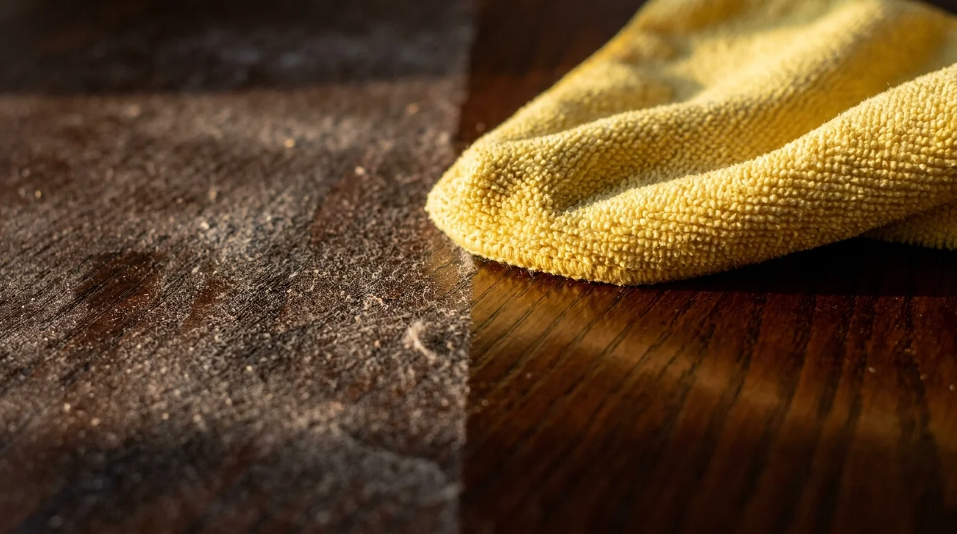 A macro photo of a microfiber cloth wiping dust off a wooden table, showing a clear clean path behind it.
