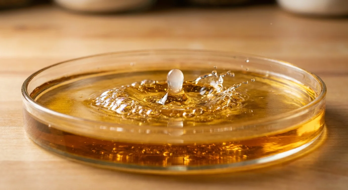 A macro photograph of a drop of Castile soap breaking through a layer of grease on a glass surface, showing emulsification.