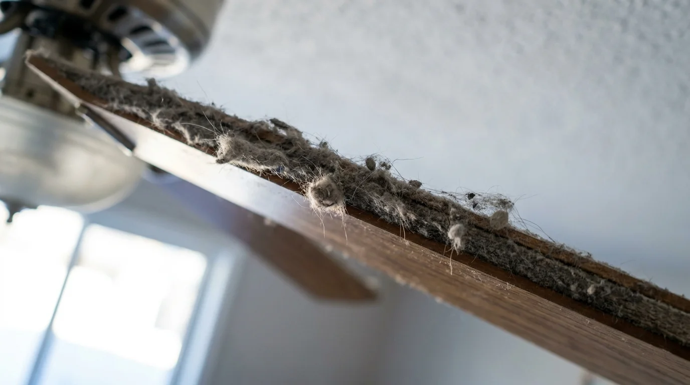 A macro photograph showing a thick, fuzzy layer of gray dust accumulated on the top of a ceiling fan blade.
