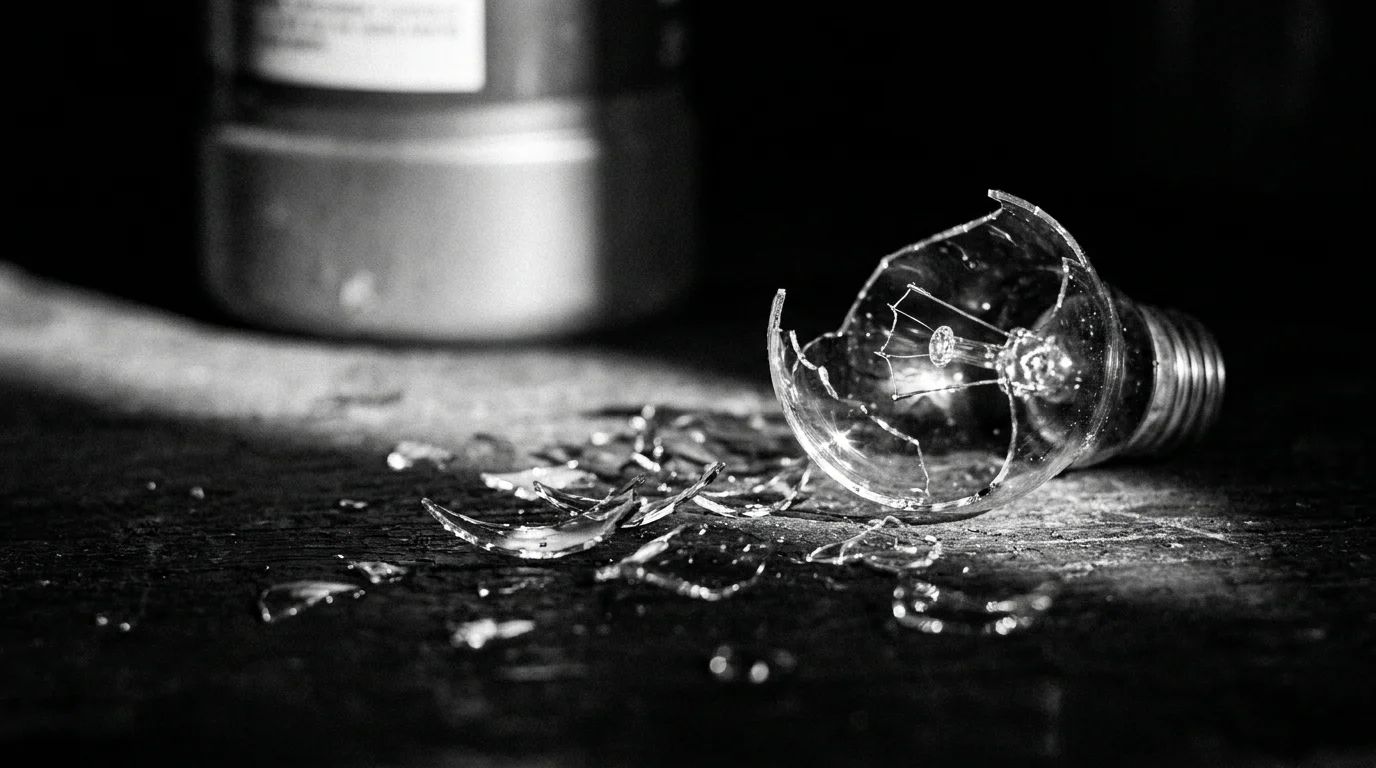 A macro shot of a broken light bulb and glass shards on the floor of a dark cabinet.