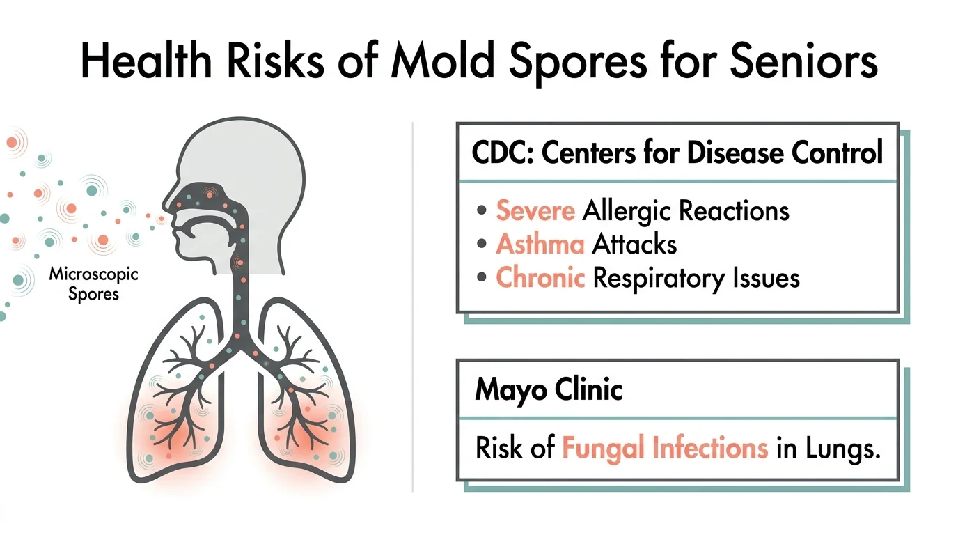 A medical diagram illustrating the health risks of mold spores for seniors, citing the CDC and Mayo Clinic.