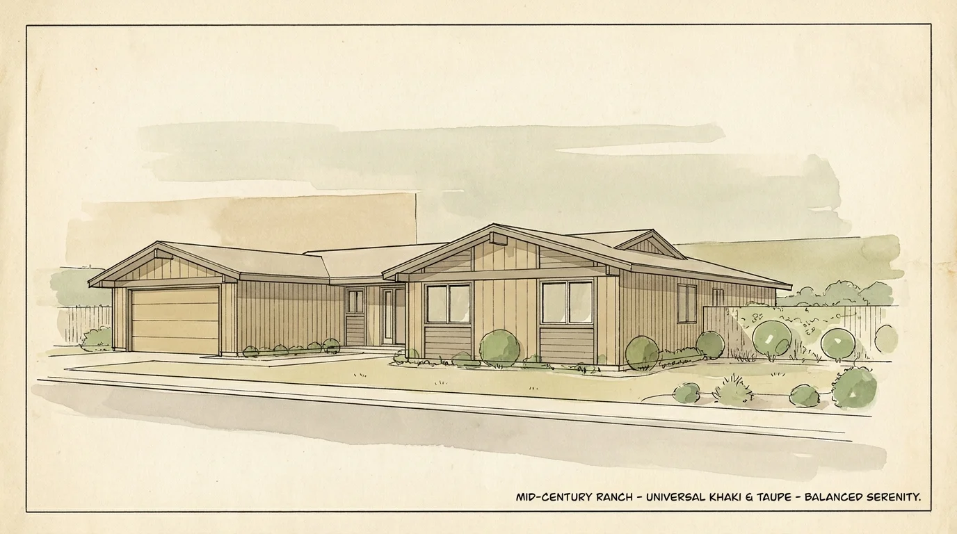 A mid-century ranch house illustrated in warm khaki and beige watercolor tones with clean ink outlines.