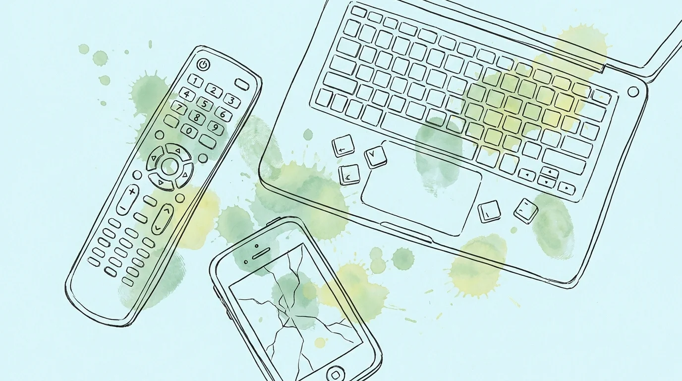 A minimalist illustration of a remote and keyboard with abstract shapes representing germ buildup.