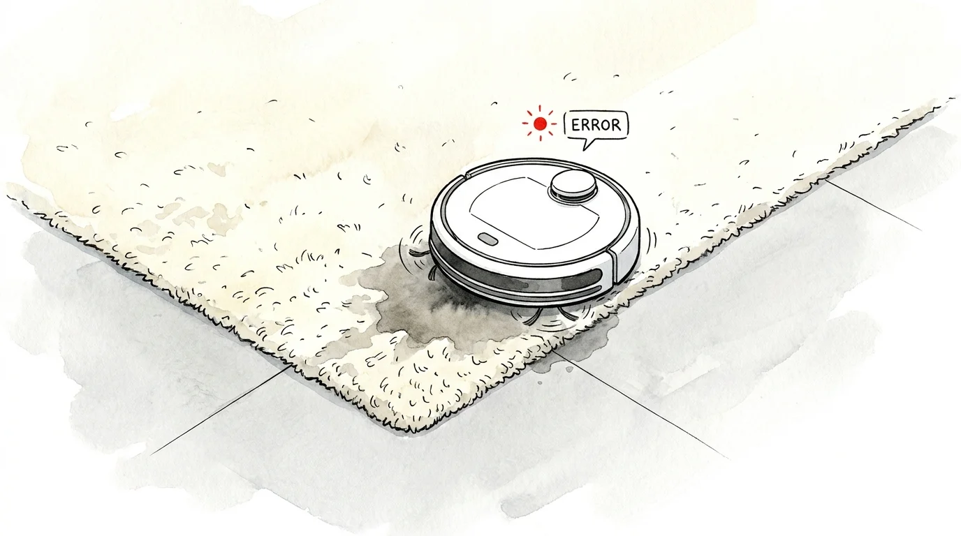 A minimalist illustration of a robot mop stuck on the edge of a rug, leaving a wet spot on the carpet.