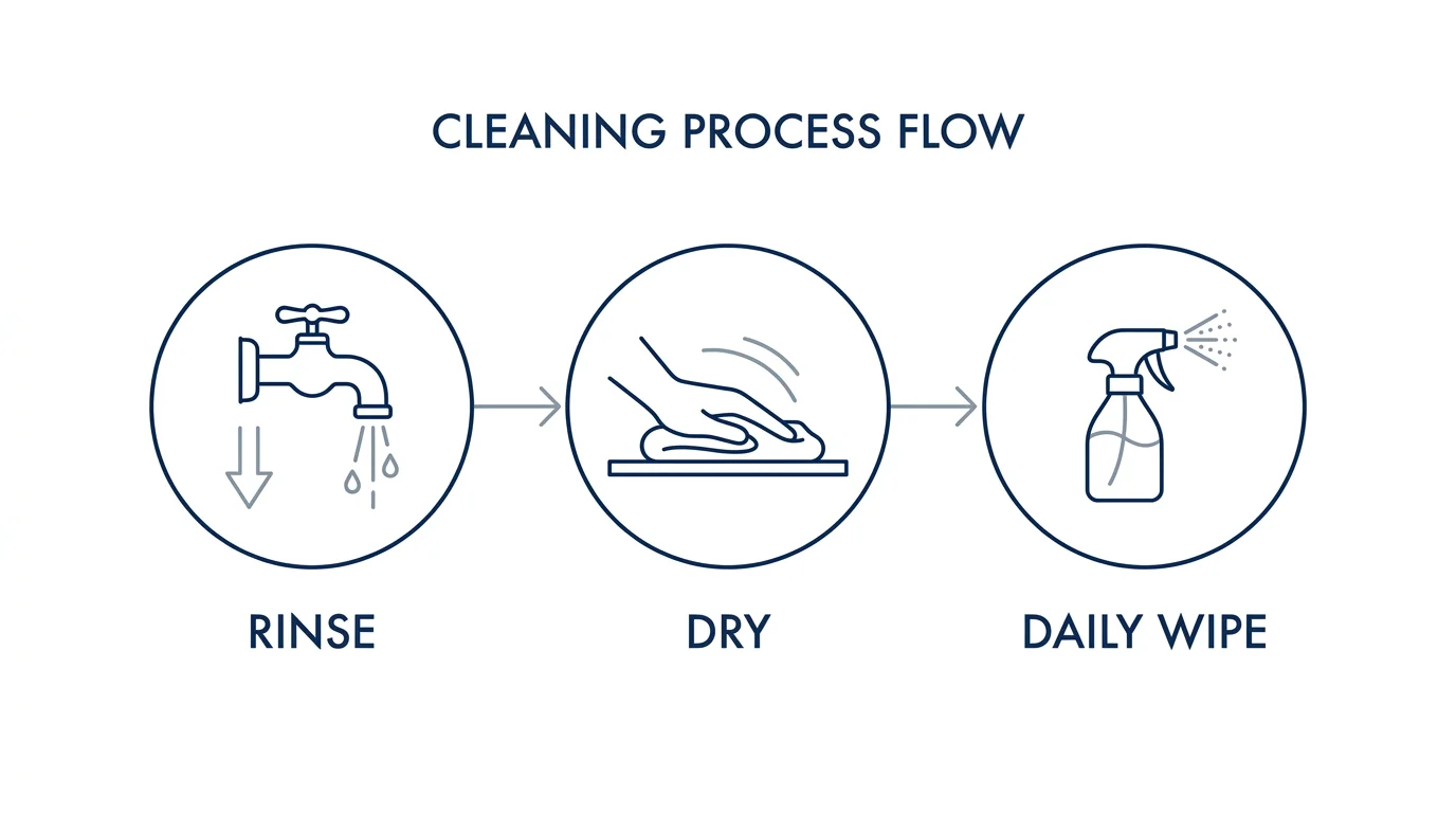 A minimalist infographic showing a three-step routine: Rinse, Dry, and Daily Wipe.