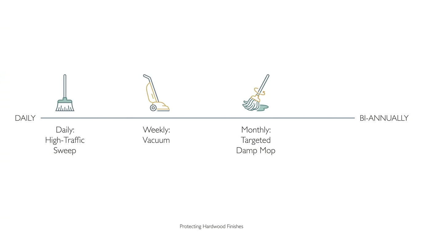 A minimalist infographic timeline showing the recommended frequency for sweeping, vacuuming, and mopping floors.