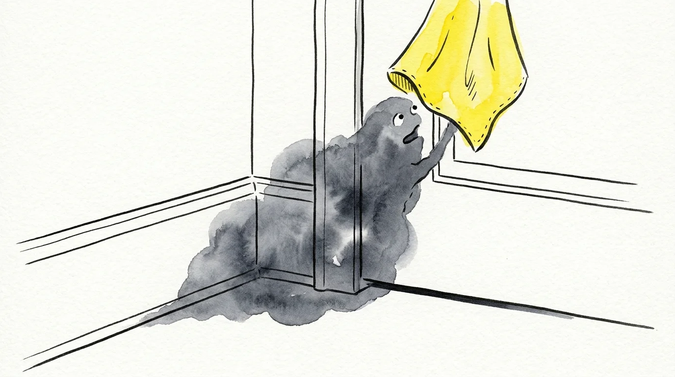A minimalist ink and watercolor illustration of a dusty baseboard corner being approached by a yellow cleaning cloth.