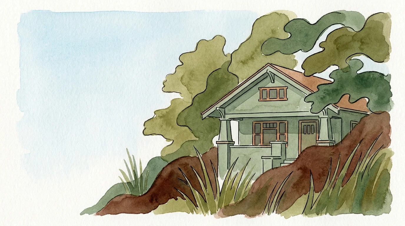 A minimalist watercolor and ink drawing of a sage green craftsman house nestled among green trees and landscaping.