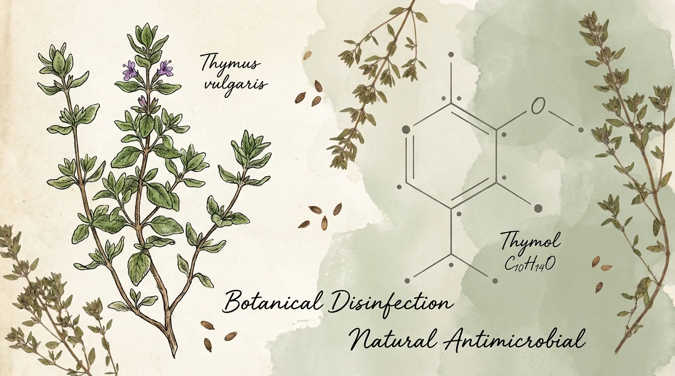 A mixed-media artwork combining a watercolor thyme plant with the chemical structure of thymol to represent natural disinfection.