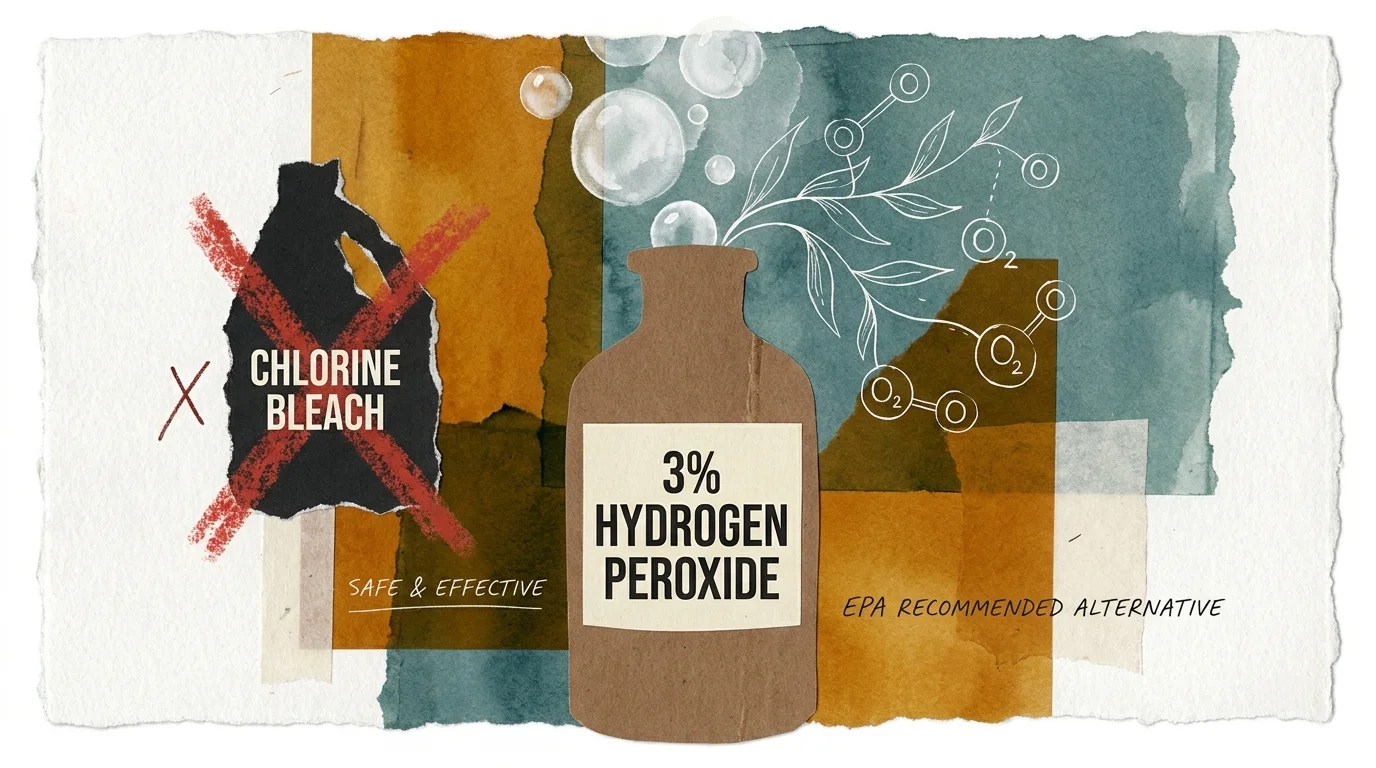 A mixed-media collage featuring a brown hydrogen peroxide bottle and soft bubbles, contrasting with a crossed-out bleach symbol.