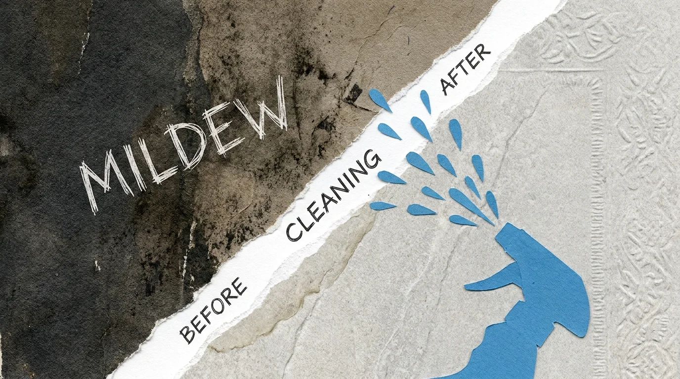 A mixed-media collage showing a dirty grey surface being cleaned to reveal a bright, stone-like texture.