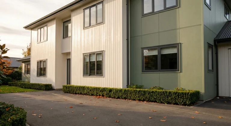 A modern home exterior with a clean color palette of warm white and sage green, featuring charcoal window frames in late afternoon light.