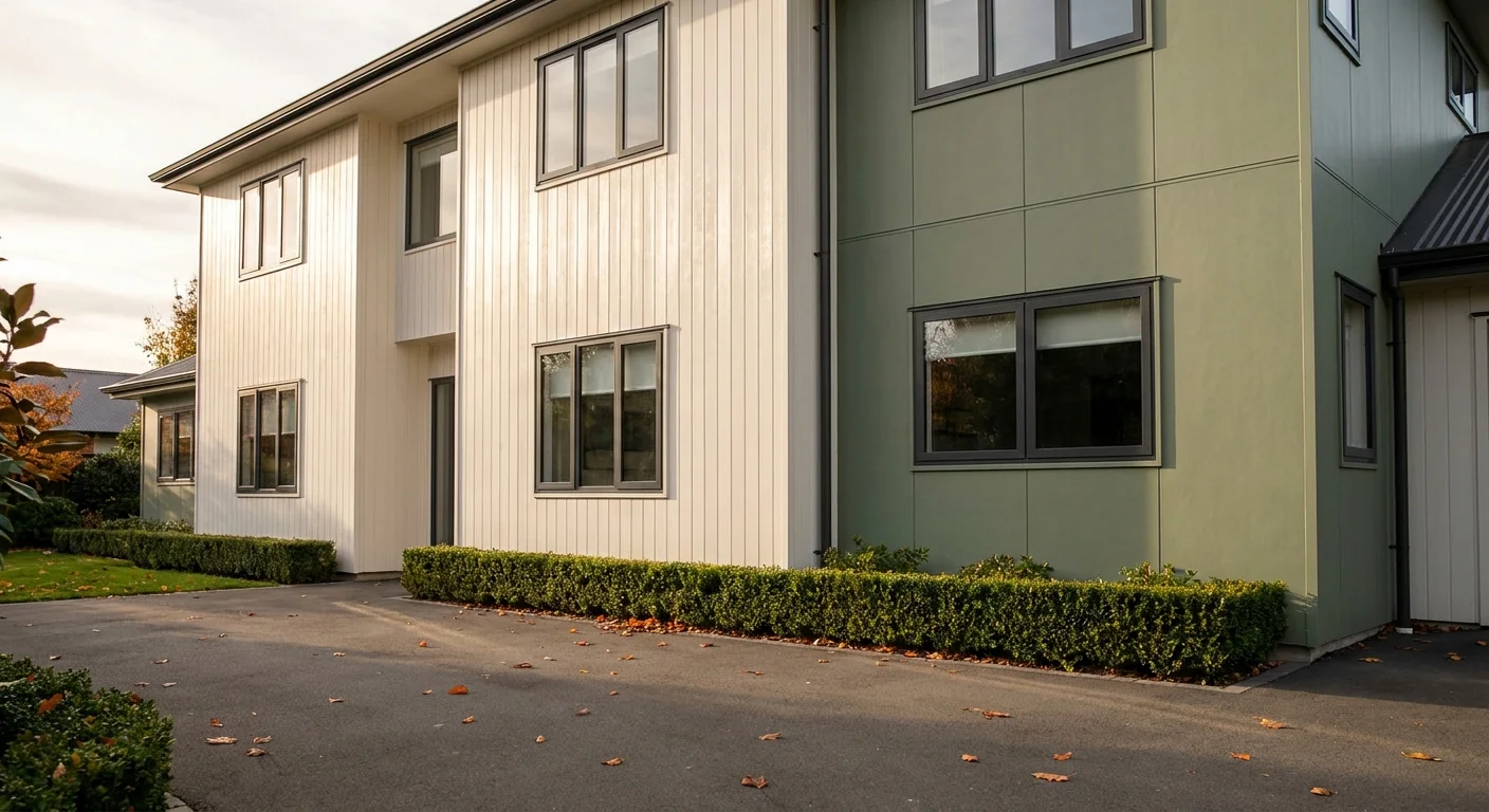 A modern home exterior with a clean color palette of warm white and sage green, featuring charcoal window frames in late afternoon light.