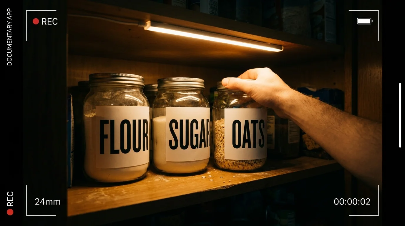 A pantry shelf illuminated by a motion-sensor light, showing jars with large, high-visibility text labels.
