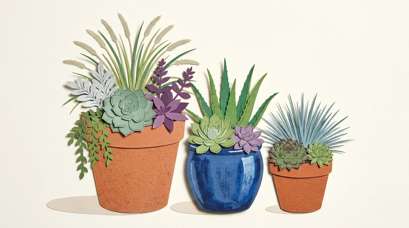 A paper-craft collage of three decorative pots containing various green and purple plants.
