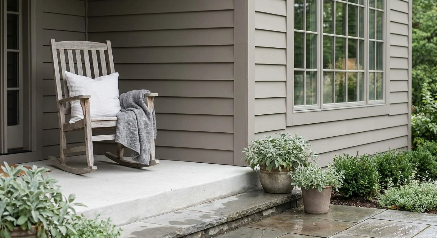 A peaceful front porch with muted taupe siding, a wooden chair, and a clean, serene atmosphere.