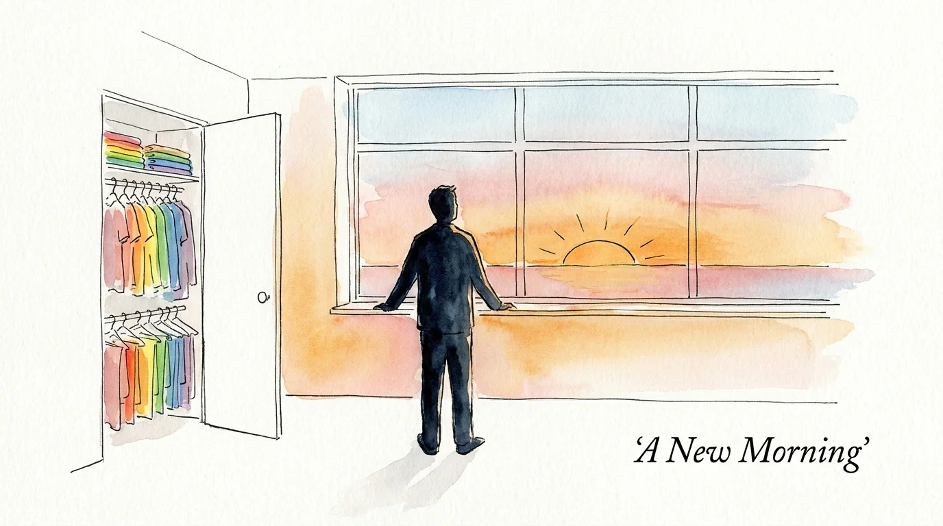 A peaceful watercolor illustration of a person looking at a sunrise next to their neatly organized closet.
