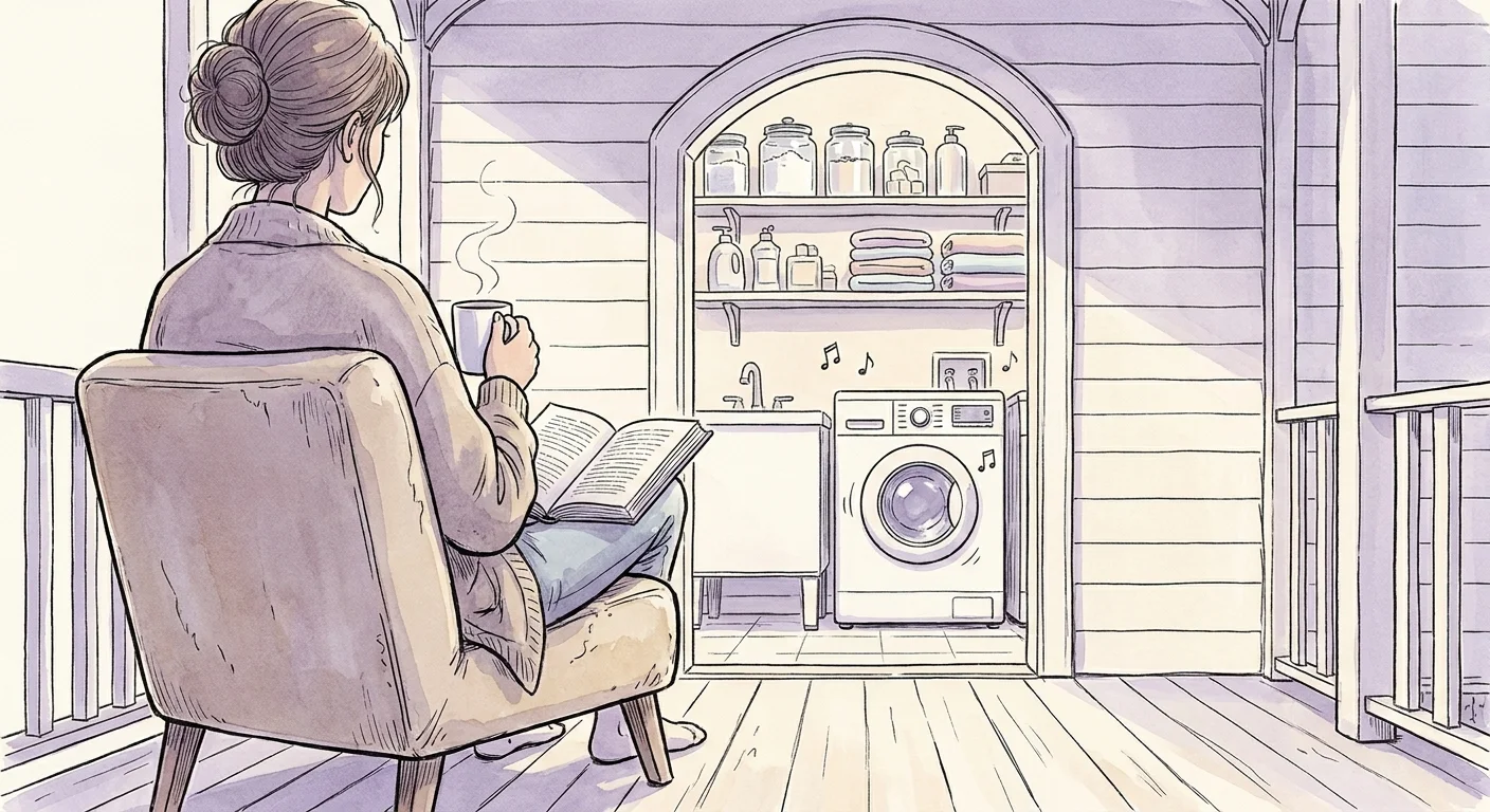 A peaceful watercolor illustration of a person relaxing with tea while the laundry runs in a clean, organized room.