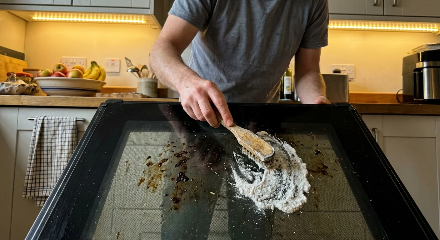 A person applies a homemade baking soda paste to a dirty oven door using a brush in a real home kitchen.
