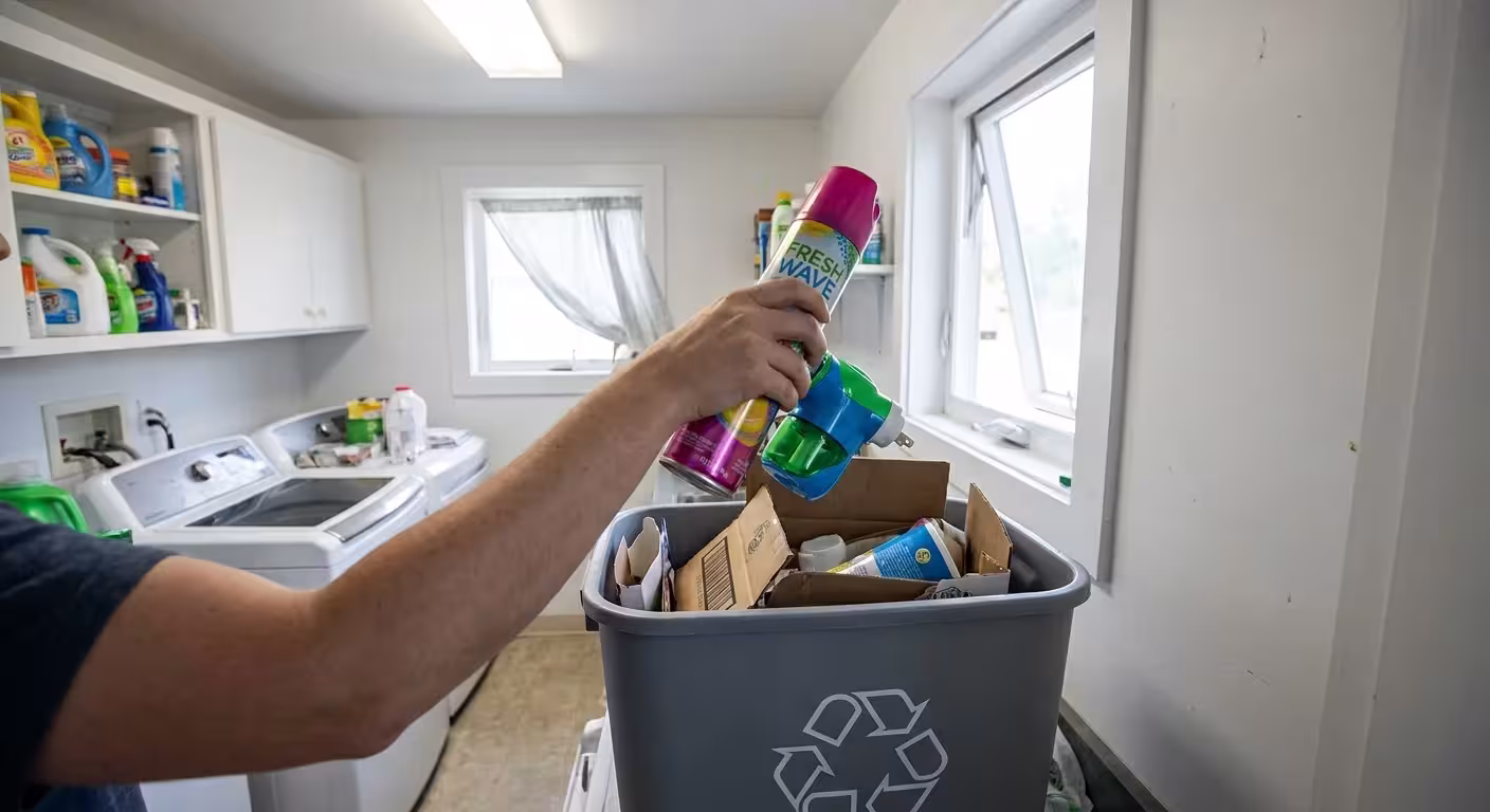 A person dropping a synthetic aerosol spray can into a trash bin, emphasizing the removal of toxic household items.