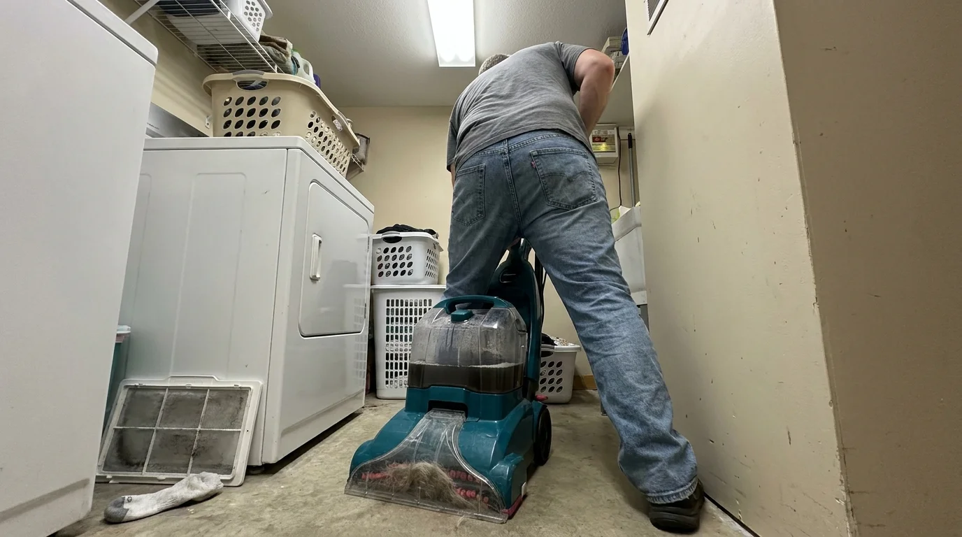 A person in a laundry room struggling to fit a large, heavy carpet cleaning machine into a narrow storage space.