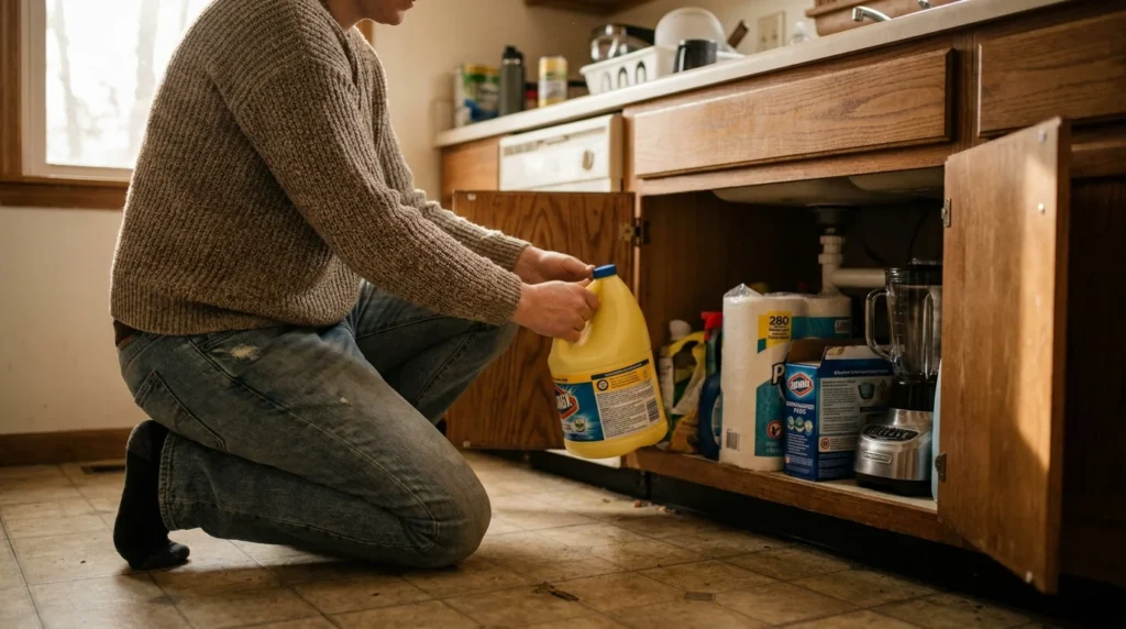 A person kneeling on a kitchen floor, emptying various cleaning supplies and household items from the cabinet under the sink.