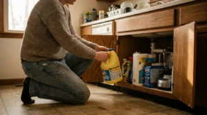 A person kneeling on a kitchen floor, emptying various cleaning supplies and household items from the cabinet under the sink.