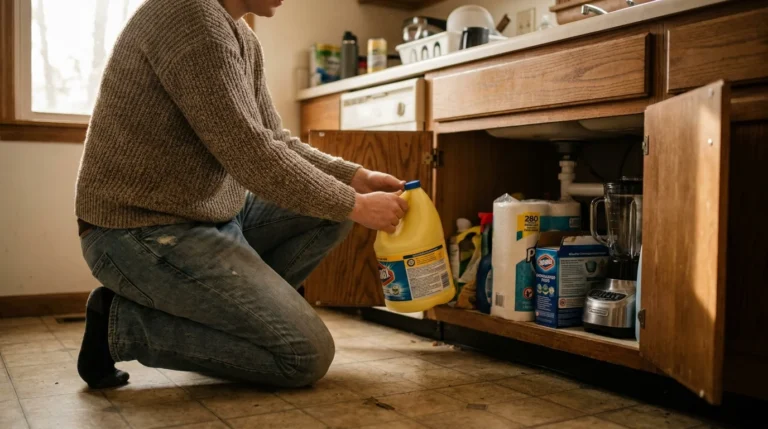 A person kneeling on a kitchen floor, emptying various cleaning supplies and household items from the cabinet under the sink.