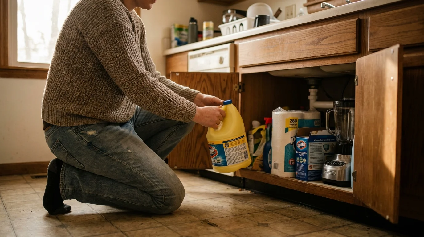 A person kneeling on a kitchen floor, emptying various cleaning supplies and household items from the cabinet under the sink.