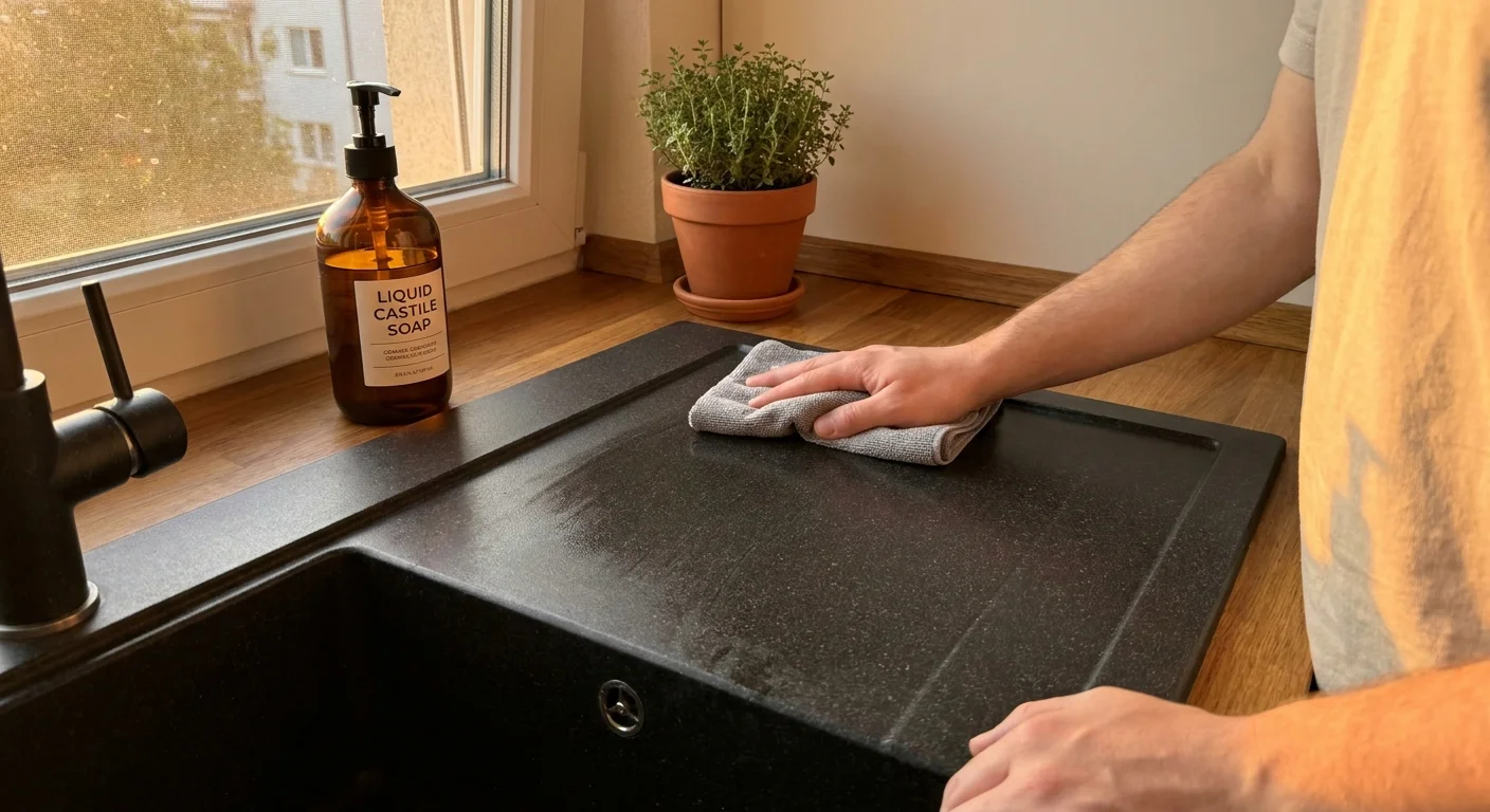 A person polishing a dark granite stone sink with a cloth and gentle castile soap.