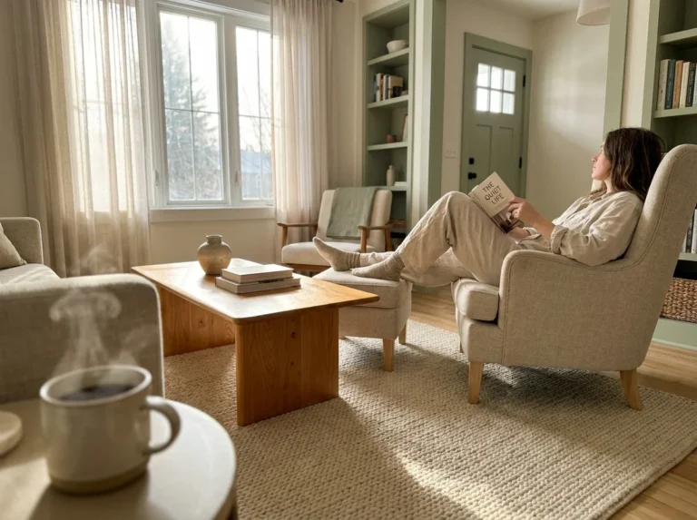 A person relaxes in a clean, sunlit living room, enjoying a peaceful moment with a book and coffee.