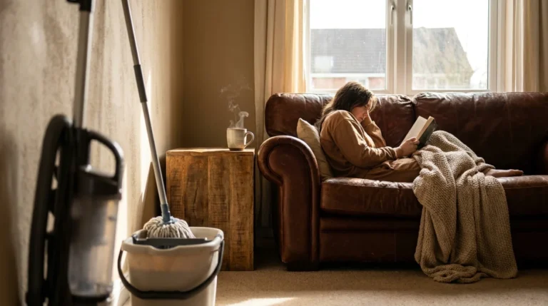 A person relaxes in an armchair reading a book while cleaning supplies sit unused and out of focus in the foreground.