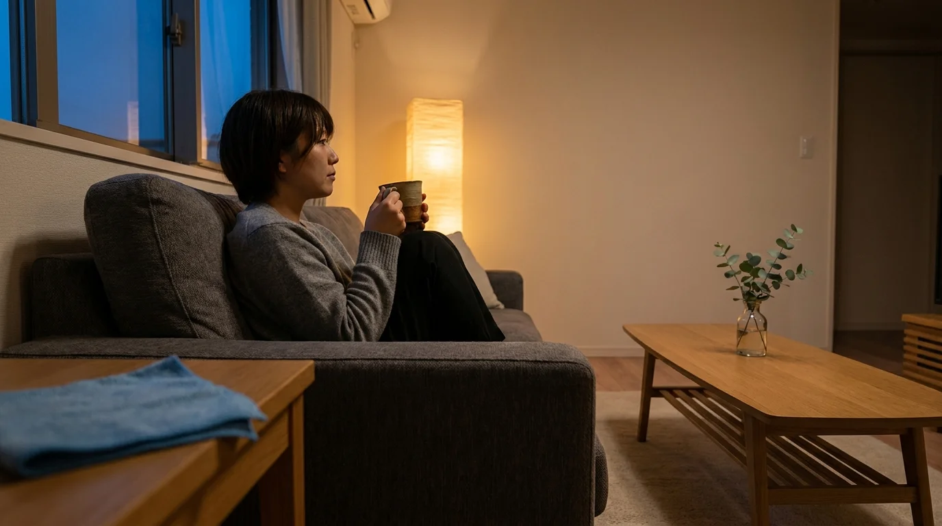 A person relaxing on a sofa in a clean, tidy living room with a warm mug of tea.