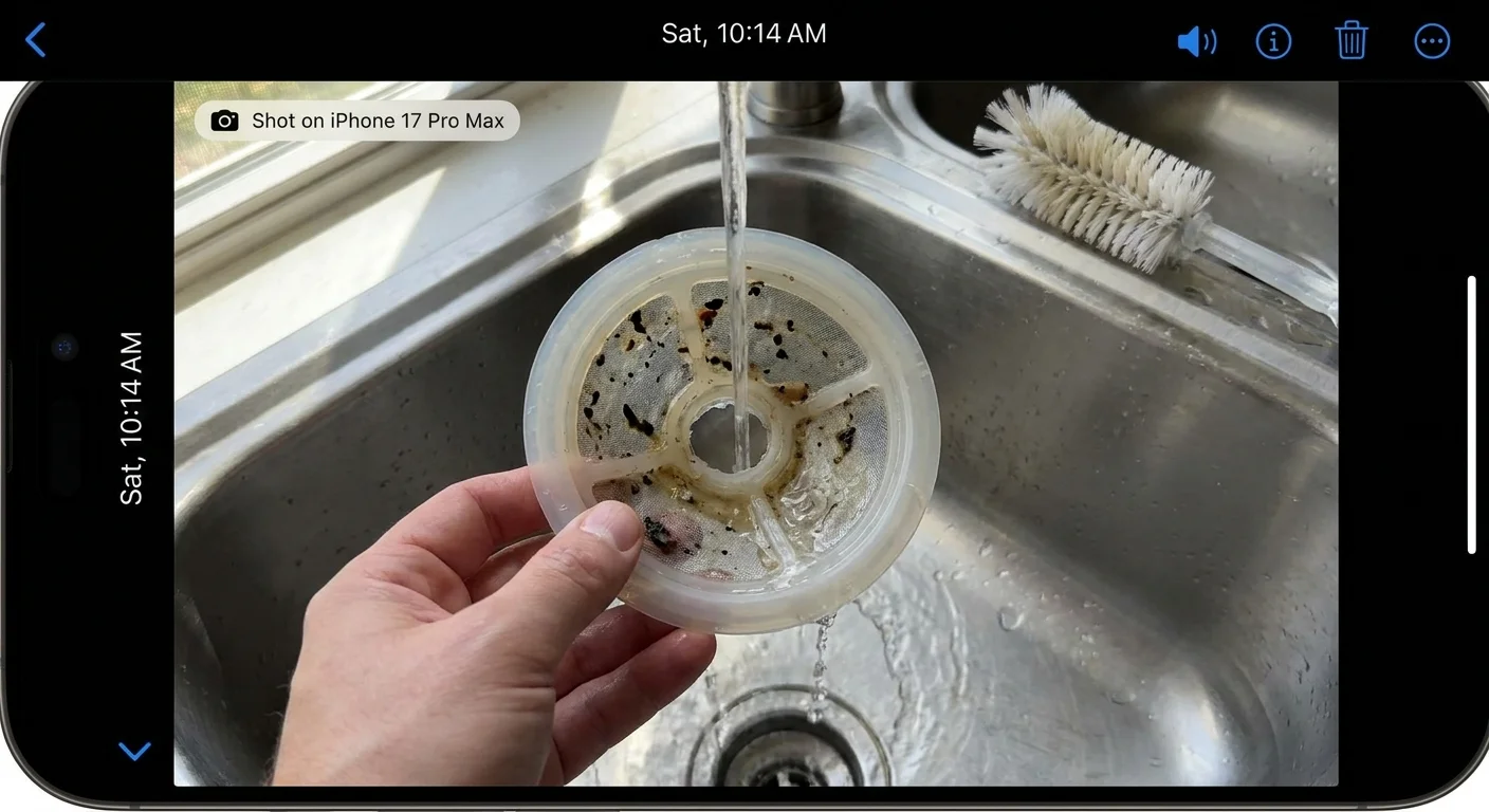 A person rinses a clogged dishwasher filter under a kitchen faucet to remove food debris.