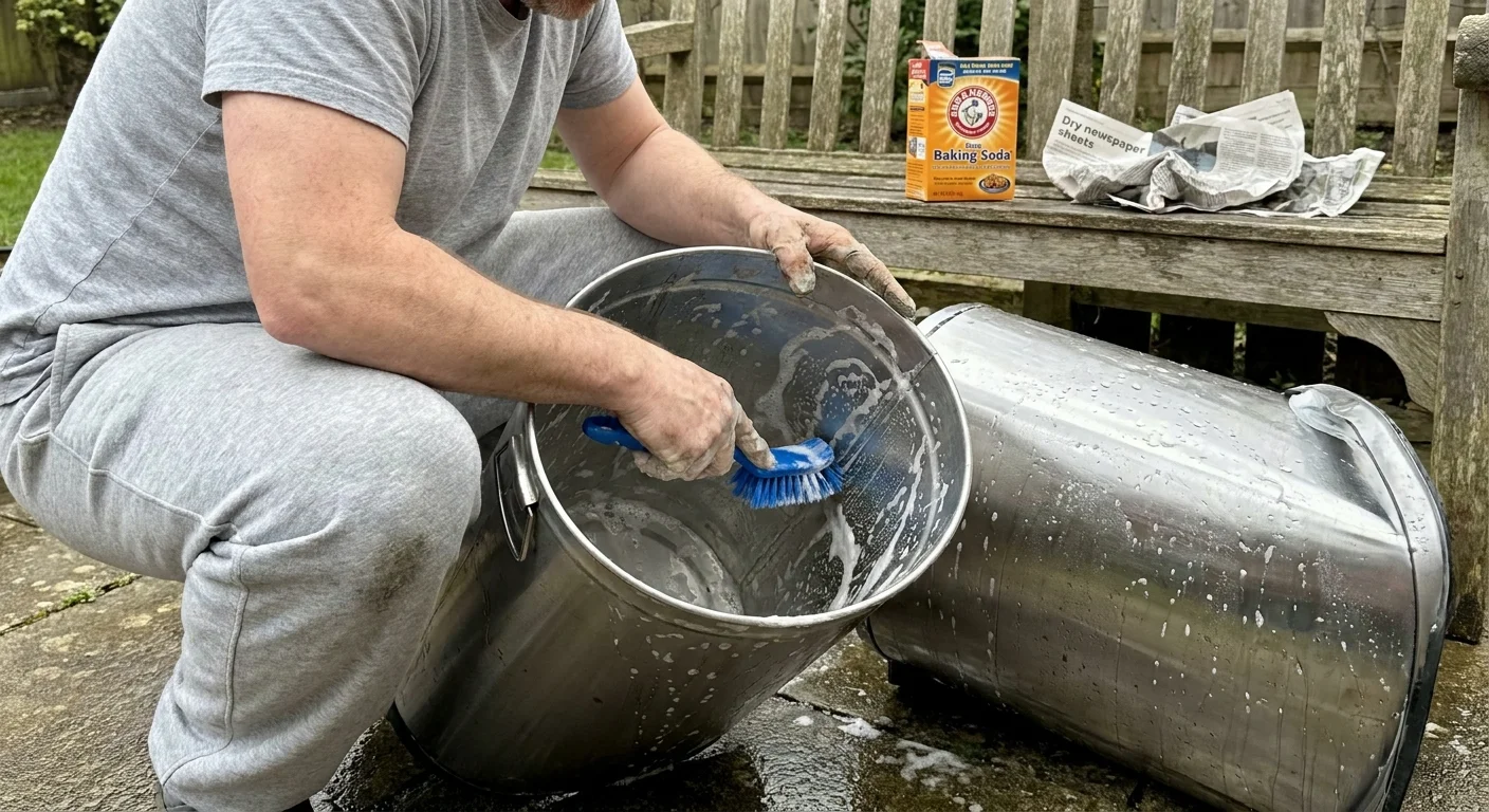 A person scrubbing the inside of a stainless steel trash can with a utility brush and soapy water.