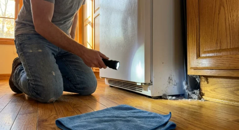 A person shines a flashlight into the dark gap under a refrigerator to reveal hidden dust and debris.