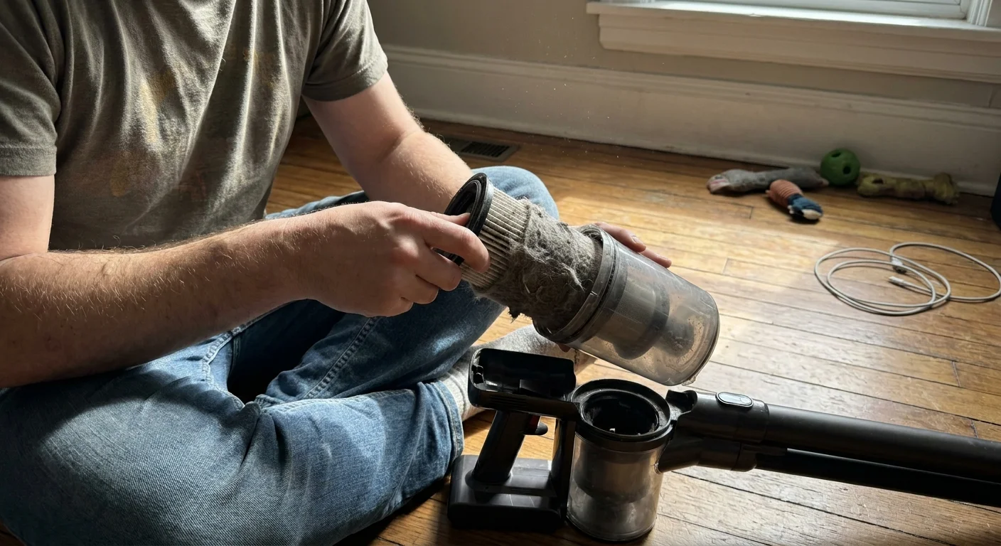 A person sitting on a floor removing a very dusty and clogged HEPA filter from a vacuum cleaner.