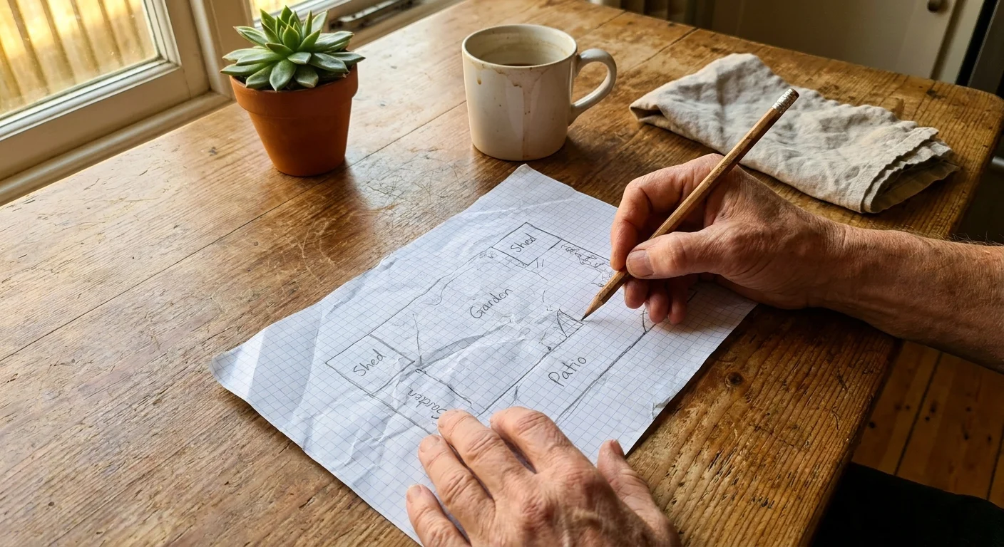 A person sketching a garden organization plan on graph paper at a kitchen table with coffee.