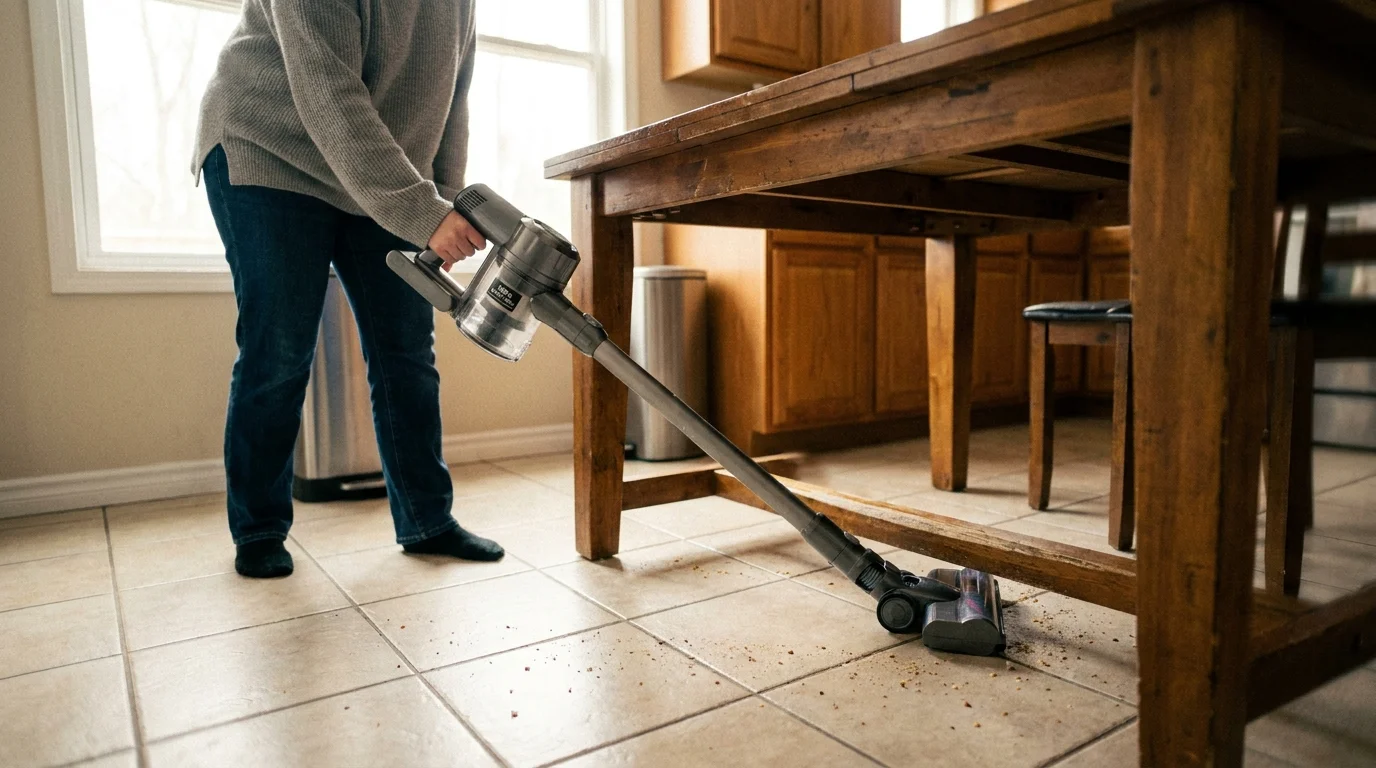 A person using a cordless stick vacuum to quickly clean under a dining table in a real, lived-in home.