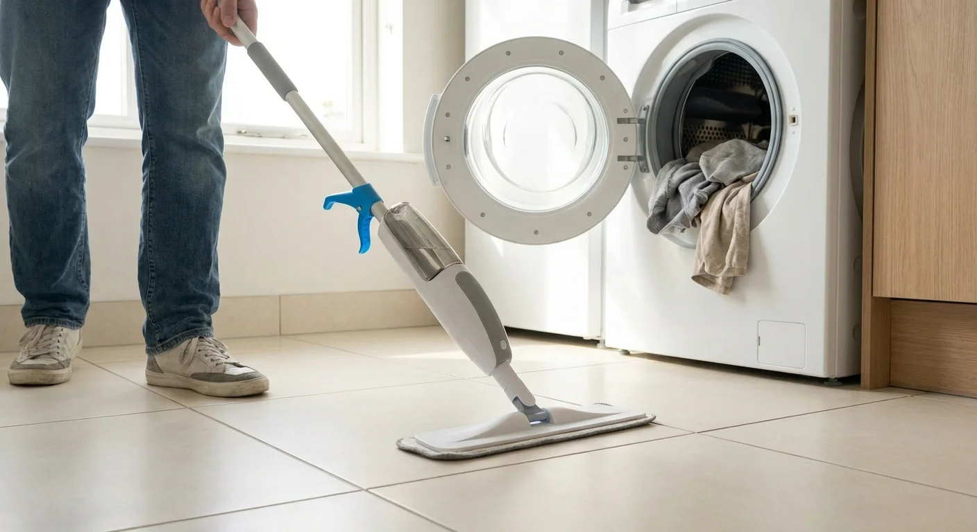 A person using a spray mop on a tile floor near a front-loading washing machine.