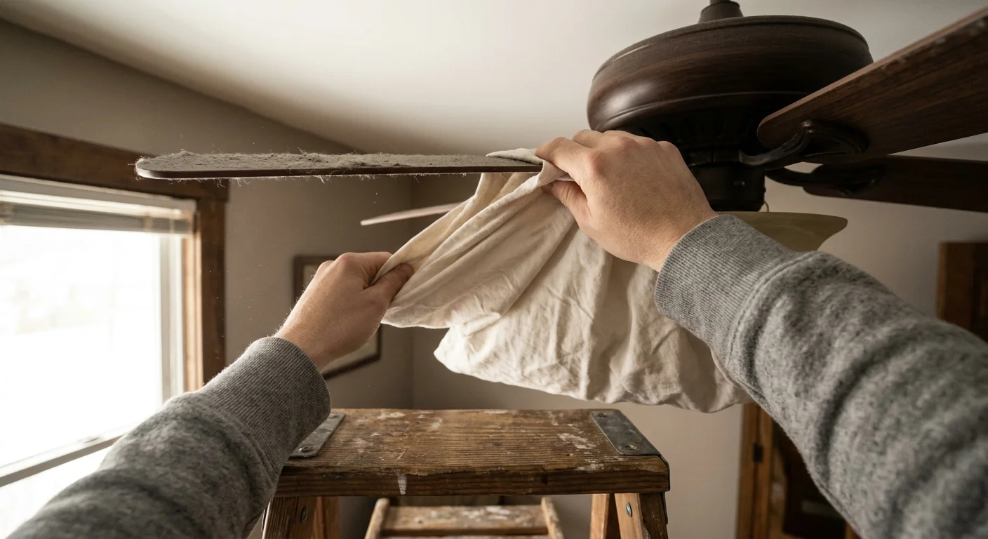 A person using a white pillowcase to clean the top of a wooden ceiling fan blade to trap dust.