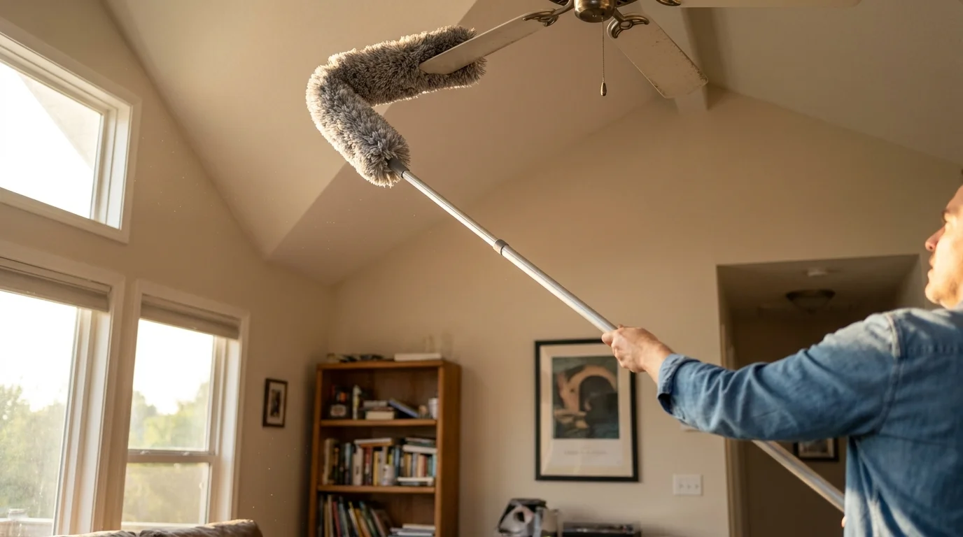 A person using an extendable duster to reach and clean the top of a high ceiling fan blade.