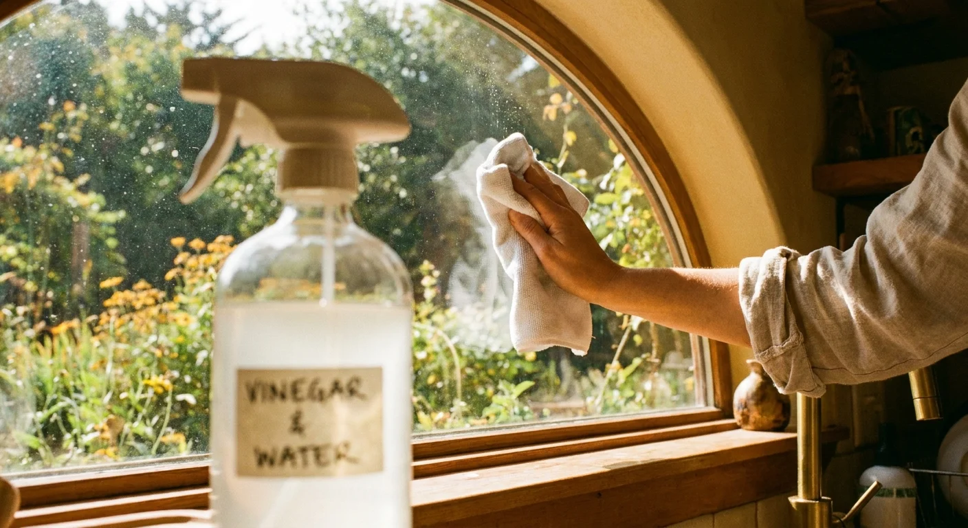 A person wipes a window with a microfiber cloth and a homemade vinegar solution, with warm sunlight streaming through.