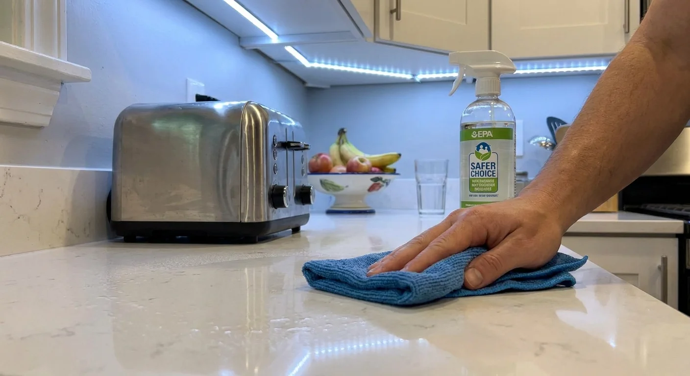 A person wiping a kitchen counter with a microfiber cloth next to a bottle with an EPA Safer Choice label.