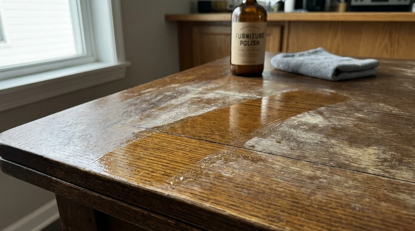 A photo of a wooden table showing a finger swipe through a layer of dull wax buildup, revealing the clean wood underneath.