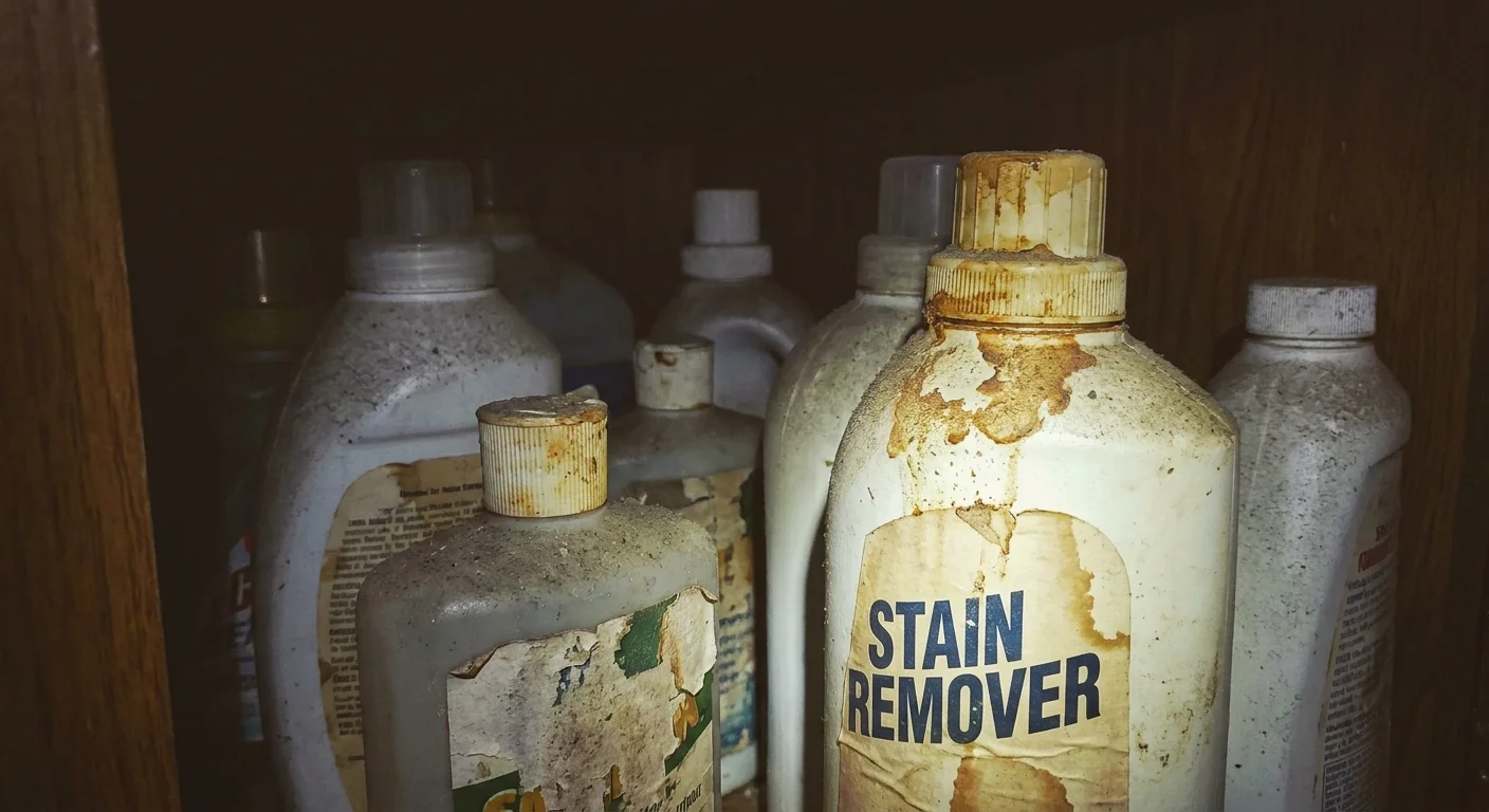 A photo of old, dusty cleaning bottles with faded labels tucked away in the back of a dark cabinet.