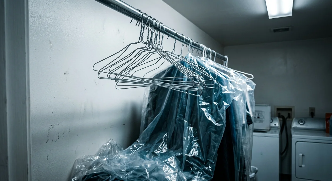 A photo of tangled wire hangers and crinkled plastic dry-cleaning bags cluttering a laundry rod.