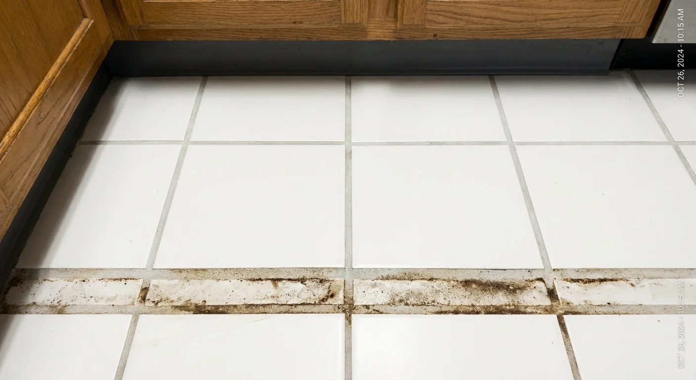 A photo of tile flooring showing dark, dirty grout lines near the edges of a cabinet.