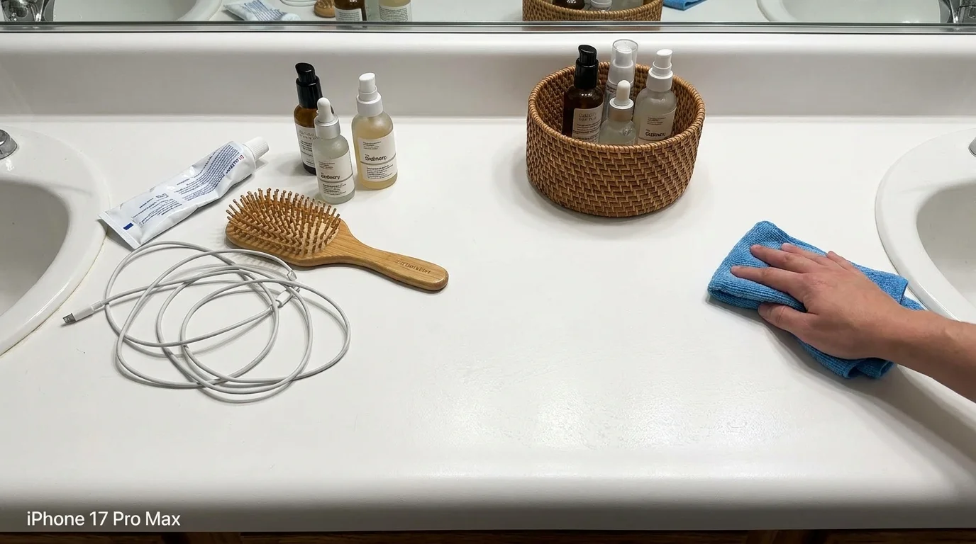 A photo showing a bathroom counter with clutter moved into a basket to allow for a clear cleaning path.